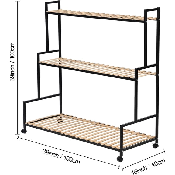 Rustic Tiered Outdoor Plant Stand with Wheels - 3 Tiers Rolling Shelf Ladder Rack Black