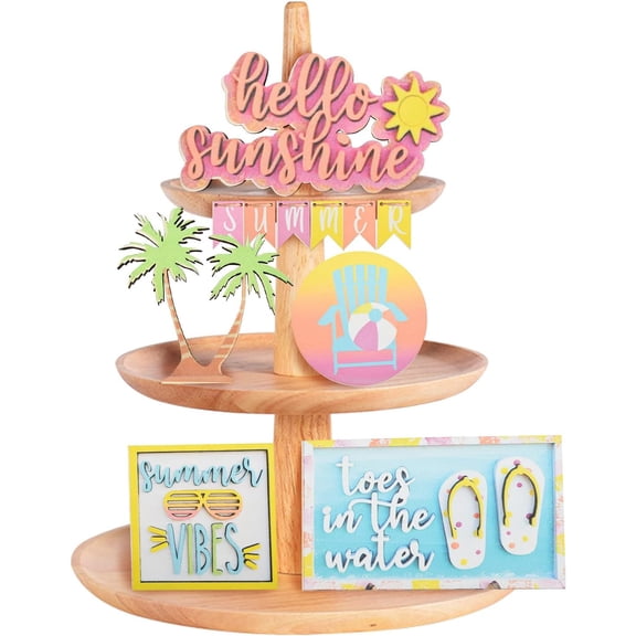 Rustic Tiered Tray Decor Set, 12 Pcs Mini Summer Wooden Sign Home Decor Beach Sunshine Theme Farmhouse Home Summer Decorations for Tiered Tray