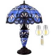 Rustic Tiffany Style Large Table Lamp with Nightlight 24" Tall Blue Purple Lavender Stained Glass Baroque Vintage Base Living Room Bedroom Bedside Nightstand Home WERFACTORY Led Bulb Included