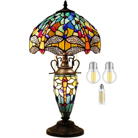 Rustic Tiffany Style Table Lamp Nightlight Sea Blue Yellow Stained Glass Dragonfly Vintage Base 22" Tall Lover Living Room Bedroom Bedside Nightstand Home Office Family WERFACTORY Led Bulb Included