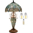 thumbnail image 1 of Rustic Tiffany Table Lamp with Nightlight Sea Blue Stained Glass Dragonfly Style Desk Light Vintage Base 22" Tall Living Room Bedroom Bedside Nightstand Home Office Family WERFACTORY Led Bulb Included, 1 of 7