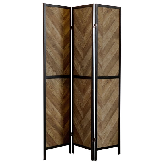 Rustic Tobacco Herringbone Folding Room Divider Screen - 3 Panels