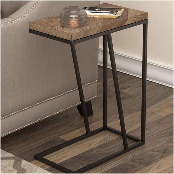 Rustic Tobacco Herringbone Metal Accent Table with Sandy Black Base, Industrial Side Table for Living Room
