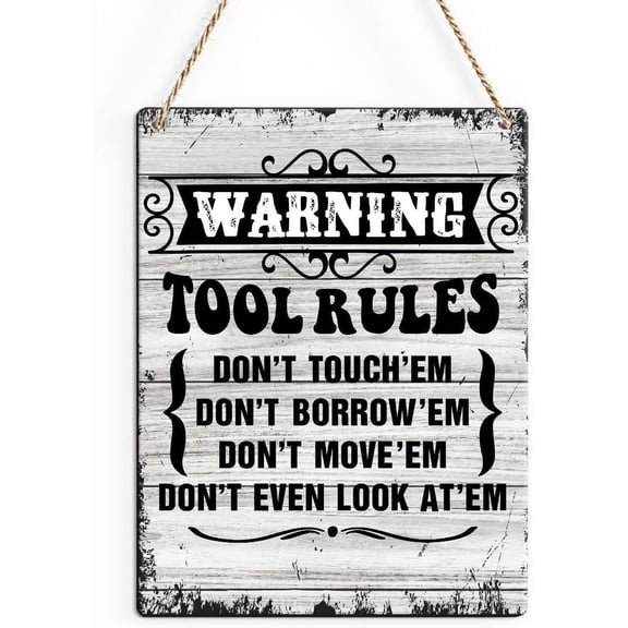 Rustic Tool Rules Wood Decor Sign, Warning Tool Rules Printed Wood Sign Wall Art, Hanging Door Sign, Decorative Wood Sign Home Workshop Garage Decor 8x10