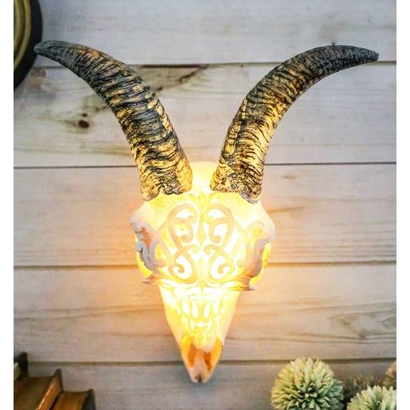Rustic Tooled Filigree Bighorn Sheep Young Ram Skull LED Light Wall Decor Plaque