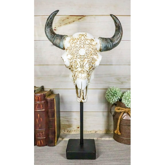 Rustic Tooled Floral Lace Bull Cow Steer Head Skull Sculpture On Pole Display