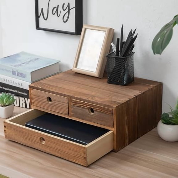 Rustic Torched Brown Wood Desk Storage Cabinet Drawers Round Cutout Handles Countertop Wooden Organizer Table Top Stand Box Holder Jewelry Keepsake Caddy Mini Dresser Home Office Farmhouse