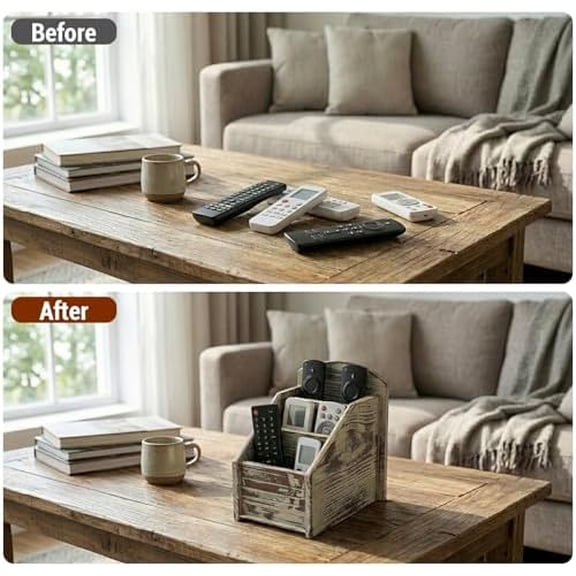 Rustic Torched Wood Remote Control Holder for Table with 3 Compartments, Living Room TV Media Organizer