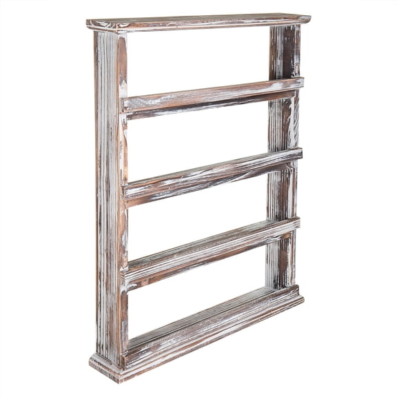 Rustic Torched Wood Wall Hanging Spice Rack, 4 Tier Seasoning Jar Shelves Pantry Organizer