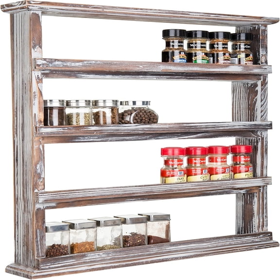 Rustic Torched Wood Wall Hanging Spice Rack, 4 Tier Seasoning Jar Shelves Pantry Organizer