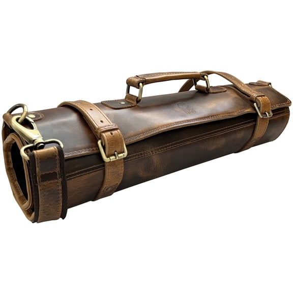Rustic Town Leather Knife Roll Storage Bag | Elastic and Expandable 11 Pockets with Tool Pouch | Adjustable/Detachable Shoulder Strap | Travel-Friendly Chef Knife Case Roll (Brown)
