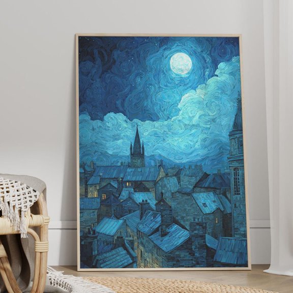 Rustic Town Under Swirling Starry Night Sky Van Gogh Inspired Dreamy Scene Home Decor, Unframed Poster