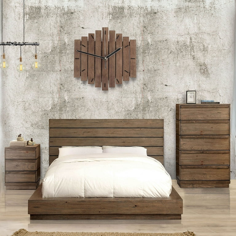 Rustic Transitional Look Solid wood 3pc Queen Size Bed 2x Nightstands  Natural Tone Low Profile Bed w/ Plank Panel Headboard 