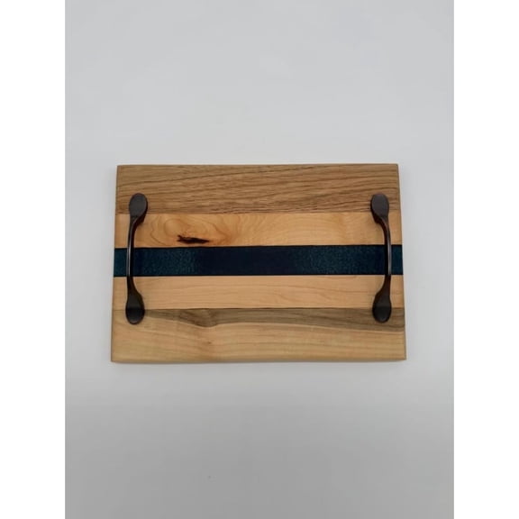 Rustic Tray with Dark Blue Epoxy, Decorative Coffee Table Centerpiece, Charcuterie Board with Handles, 11 "W x 1 "H x 8 "D, Mid Centruy Modern Decoration for Livingroom Bedroom Diningroom