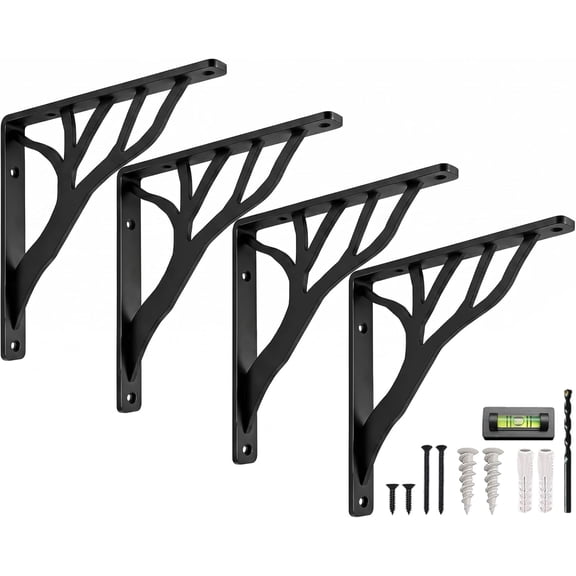 Rustic Tree Black Heavy Duty Shelf Brackets 6 inch by Balin Designs, Decorative L Brackets, Iron Metal Floating Shelf Bracket, Wall Mount Shelving Bracket, Included Hardware, Set of 4