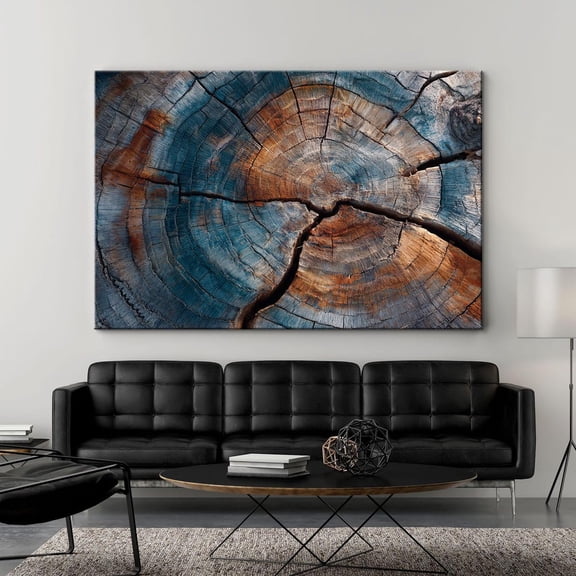 Rustic Tree Ring Print, Blue Orange Wood Texture Art