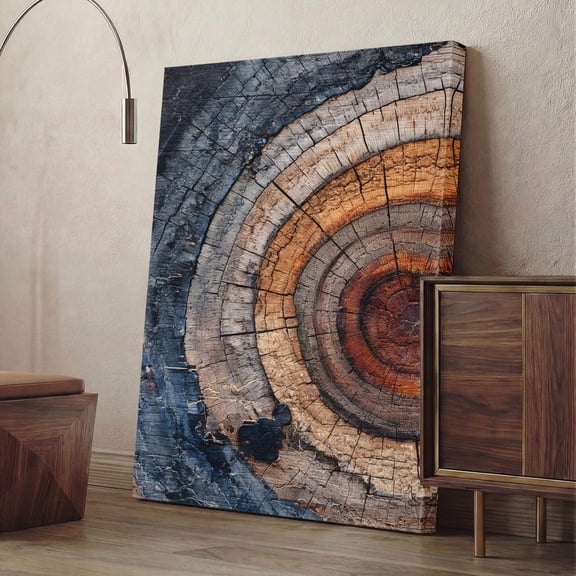 Rustic Tree Ring Print Burnt Wood Texture Industrial Abstract Nature Decor Modern Farmhouse Log Slice Earthy Orange Blue Wall Art Print