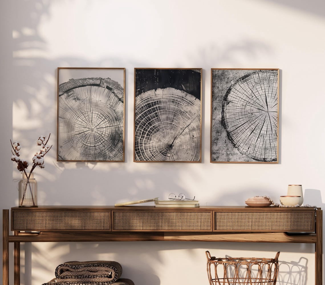 Rustic Tree Ring Prints Set Of 3, Abstract Vintage Wood Wall Art ...