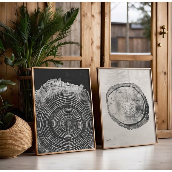 Rustic Tree Ring Wall Art Print Set Of 2 With Neutral Wood Decor