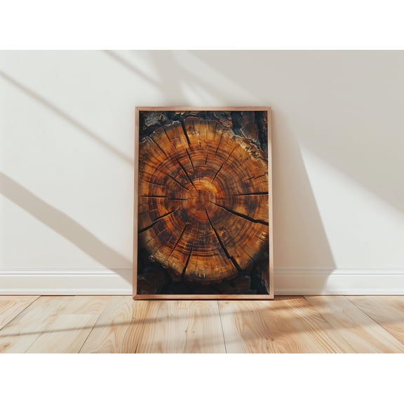 Rustic Tree Ring Wood Art Burned Texture Wall Decor Burnt Orange Nature, Unframed Poster
