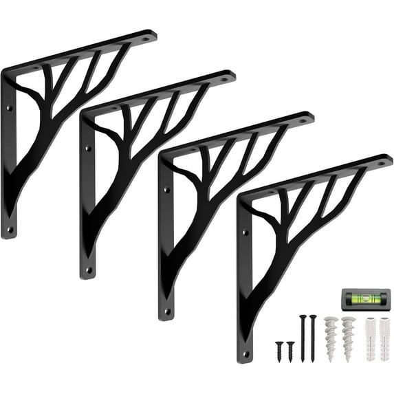 Rustic Tree Shelf L Brackets by Balin Designs (Black) for 10"-12” Shelves - Heavy-Duty Decorative Metal Mantel Bracket Supports - Easy Installation with Included Hardware - Set of 4