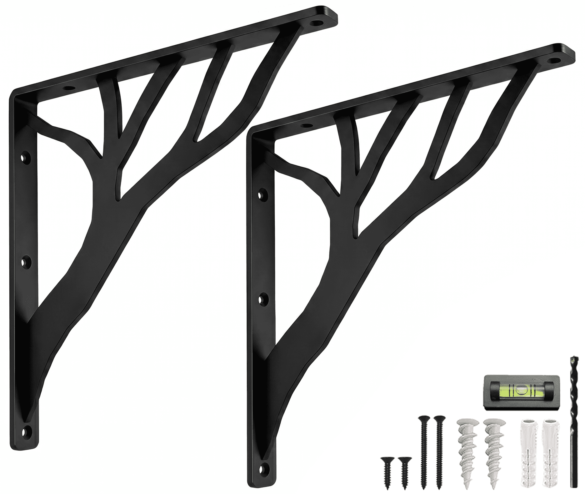 Rustic Tree Shelf L Brackets by Balin Designs (Black) for 12”-14” Shelves - Heavy-Duty Decorative Metal Mantel Bracket Supports - Easy Installation with Included Hardware - Set of 2