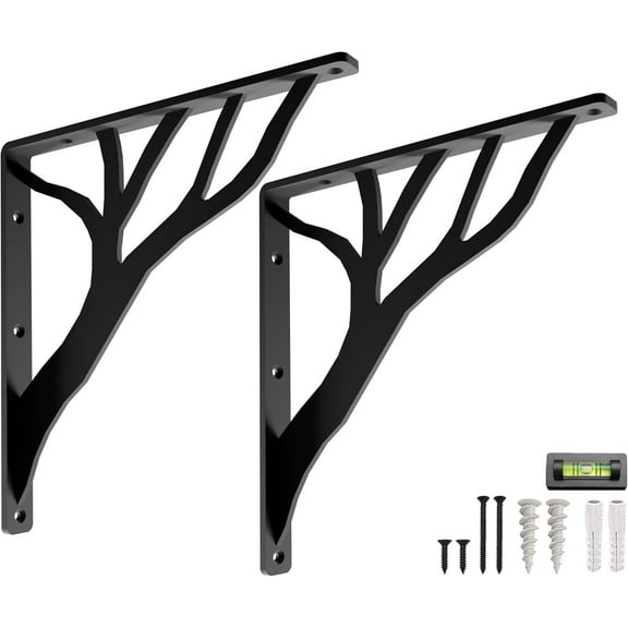 Rustic Tree Shelf L Brackets by Balin Designs (Black) for 12”-14” Shelves - Heavy-Duty Decorative Metal Mantel Bracket Supports - Easy Installation with Included Hardware - Set of 2