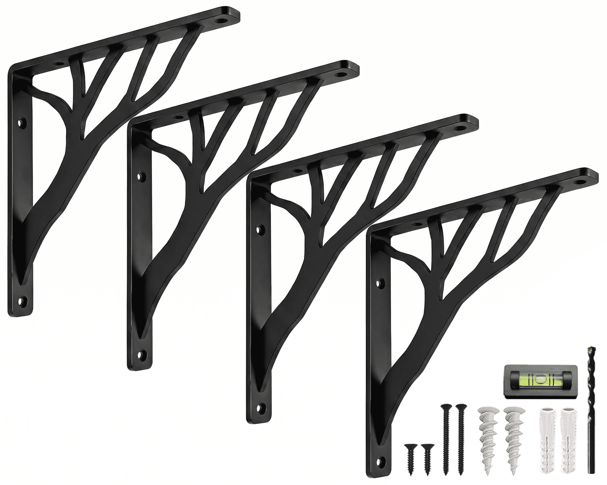 Rustic Tree Shelf L Brackets by Balin Designs (Black) for 6"-8” Shelves - Heavy-Duty Decorative Metal Mantel Bracket Supports - Easy Installation with Included Hardware - Set of 4