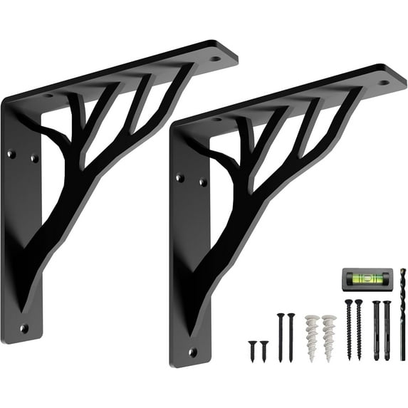 Rustic Tree Shelf L Brackets by Balin Designs (Black) for 8”-10” Shelves - Heavy-Duty Decorative Metal Fireplace Mantel Bracket Supports - Easy Installation with Included Hardware - Set Of 2