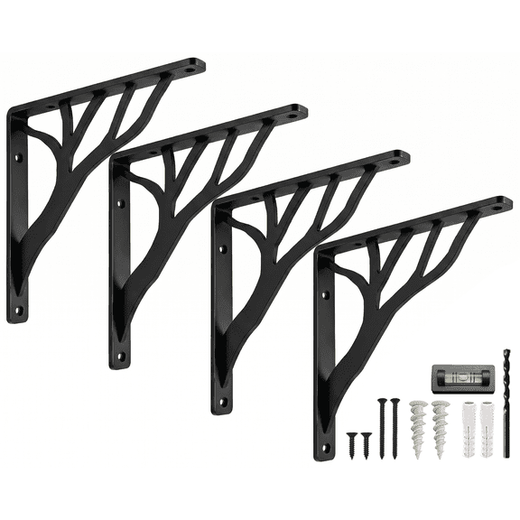Rustic Tree Shelf L Brackets by Balin Designs (Black) for 8"-10” Shelves - Heavy-Duty Decorative Metal Mantel Bracket Supports - Easy Installation with Included Hardware - Set of 4