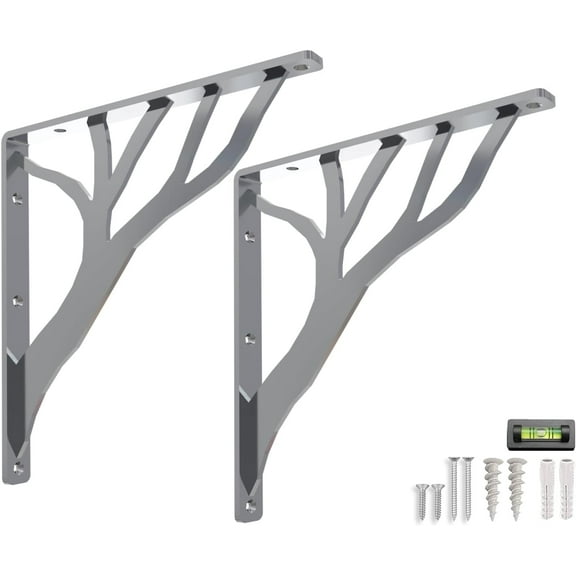 Rustic Tree Shelf L Brackets by Balin Designs (Chrome) for 12”-14” Shelves - Heavy-Duty Decorative Metal Mantel Bracket Supports - Easy Installation with Included Hardware - Set of 2