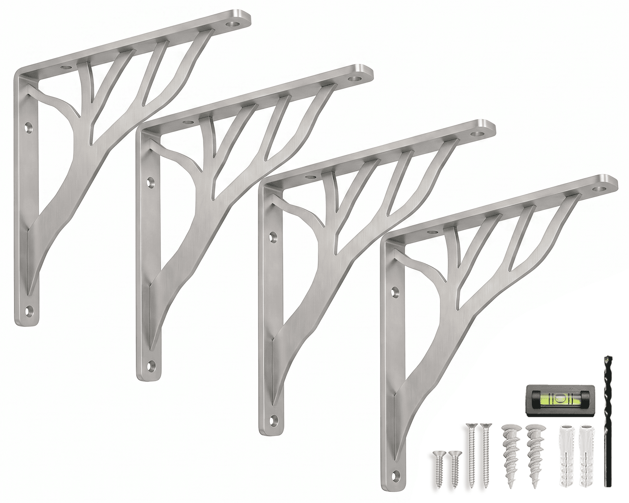 Rustic Tree Shelf L Brackets by Balin Designs (Chrome) for 6 inch - 8 inch Shelves - Heavy-Duty Decorative Metal Mantel Bracket Supports - Easy Installation with Included Hardware - Set of 4
