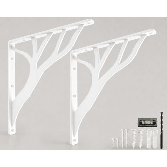 Rustic Tree Shelf L Brackets by Balin Designs (White) for 12 inch - 14 inch Shelves - Heavy-Duty Decorative Metal Mantel Bracket Supports - Easy Installation with Included Hardware - Set of 2