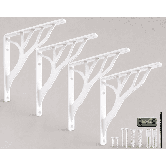 Rustic Tree Shelf L Brackets by Balin Designs (White) for 6 inch - 8 Inch Shelves - Heavy-Duty Decorative Metal Mantel Bracket Supports - Easy Installation with Included Hardware - Set of 4