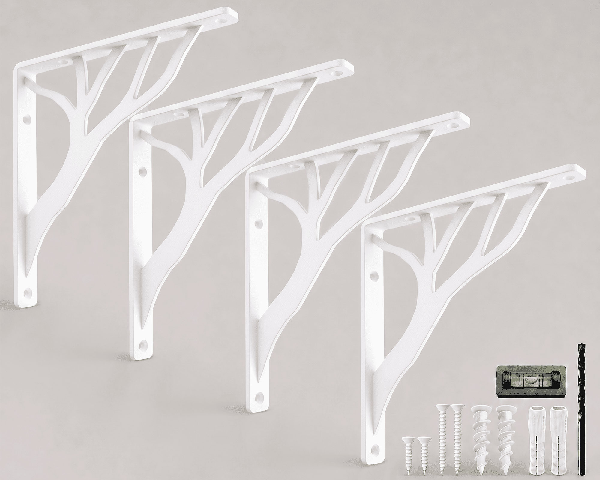 Rustic Tree Shelf L Brackets by Balin Designs (White) for 8"-10” Shelves - Heavy-Duty Decorative Metal Mantel Bracket Supports - Easy Installation with Included Hardware - Set of 4