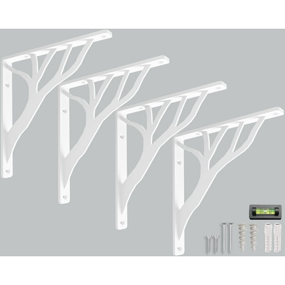 Rustic Tree Shelf L Brackets by Balin Designs (White) for 8"-10” Shelves - Heavy-Duty Decorative Metal Mantel Bracket Supports - Easy Installation with Included Hardware - Set of 4