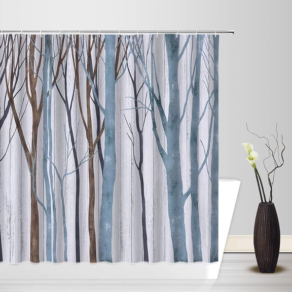 Rustic Tree Shower Curtain Blue and Brown Abstract Vintage Birch Tree Trunk Forest Jungle Branch Retro Country Style Bathroom Decor Fabric Curtain with Hooks 72"W x 72"L (Pack of 1)