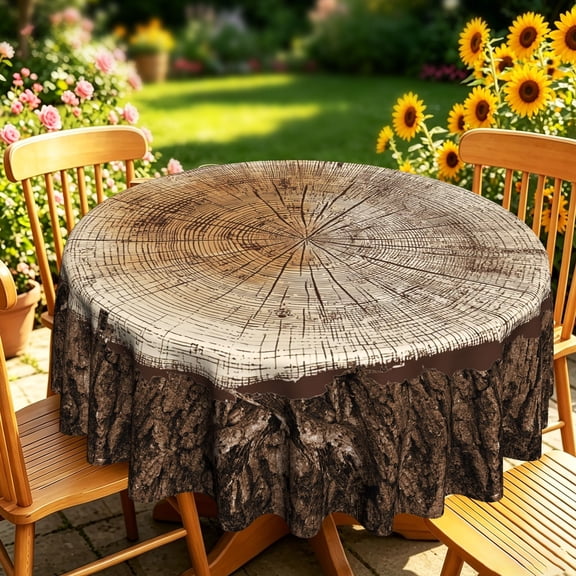 Rustic Tree‑Stump Annual‑Ring Bark Round Tablecloth,35/50/60/70 inch,Polyester,Kitchen Dining Outdoor Patio Garden Decor