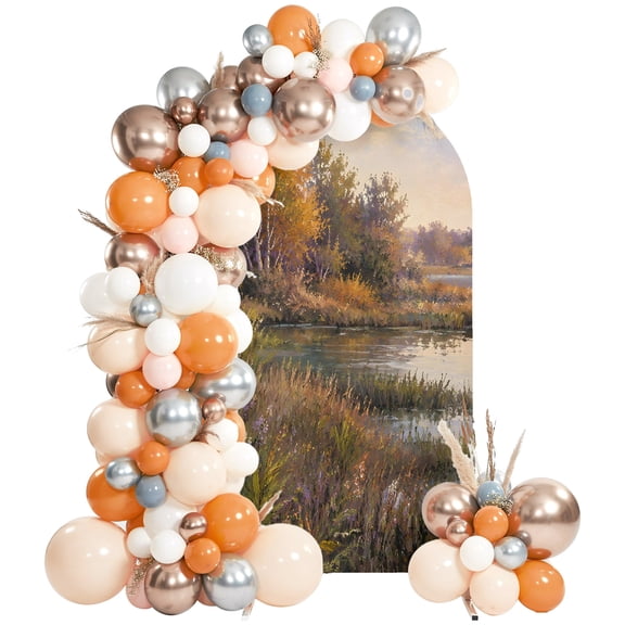 Rustic Trees Arch Backdrop Cover 7.2Ft, Wedding Arch Covers Stretchy Backdrop, Autumn Forest Lake Fall Plants Landscape Fitted 2 Sided Arched Photo Background for Birthday Party Decorations