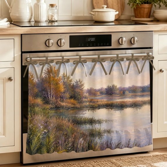 Rustic Trees Oven Skirt for Farmhouse Kitchen Décor, Autumn Forest Lake Fall Plants Landscape Oven Curtain Tie Top Decorative Stove Skirt, Cabinet Dish Washer Curtains with 8 Ribbon Ties 30"x21.5"