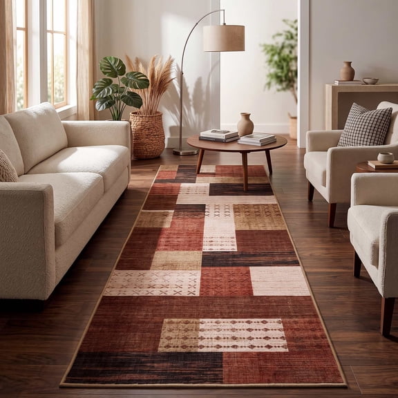 CHAKME Rustic Tribal 2x6 Area Rug, Machine Washable Abstract Aztec Patchwork Carpet, Non-Skid Soft Floor Cover for Home Office Dining Room, Earth Tone Terracotta & Beige