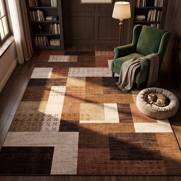 CHAKME Rustic Tribal 5x7 Area Rug, Machine Washable Abstract Aztec Patchwork Carpet, Non-Skid Soft Floor Cover for Home Office Dining Room, Earth Tone Terracotta & Beige