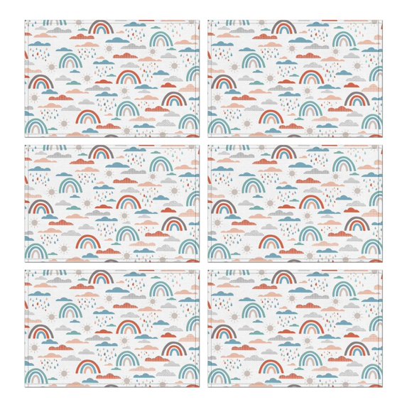 Rustic Tribal Folk Boho Flax Placemats Set of 6, 12x18 Inch Floral Vintage Style Table Mats, Washable Earthy Colorful Decor for Ethnic Kitchen or Dining Table