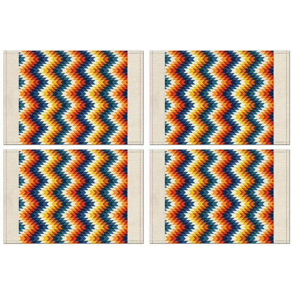 Rustic Tribal Folk Style Placemats Set of 4, 12x18 Inch Boho Floral Flax Mats, Washable Vintage Colorful Decor for Earthy Kitchen Table and Bohemian Dining Room