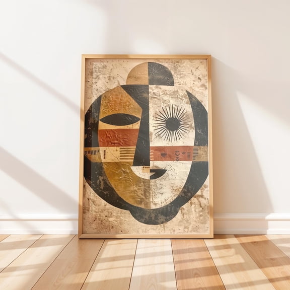 Rustic Tribal Mask Wall Art Primitive Boho Decor Textured Earthy Geometric Shapes, Unframed Poster