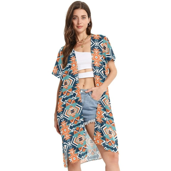 Rustic Tribal Pattern Women Swimsuit Cover up V Neck Beach Dress Short Sleeve Vacation Outfits Swimwear