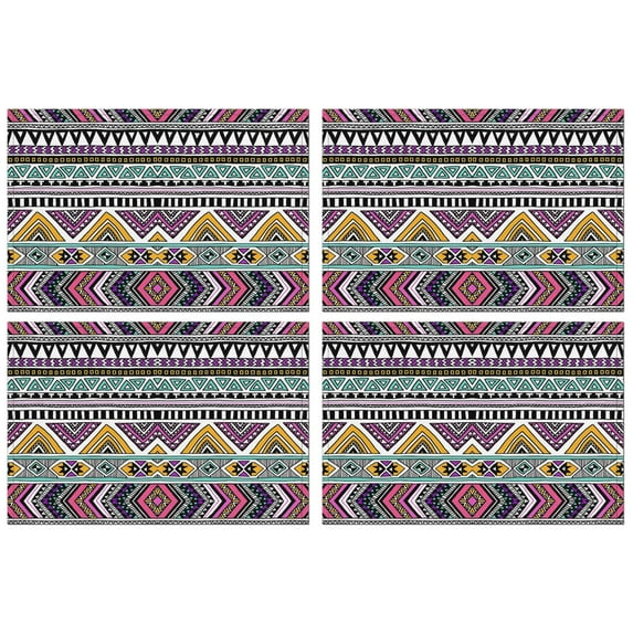 Rustic Tribal Style Flax Placemats Set of 4, 12x18 Inch Boho Aesthetic Table Mats, Washable Vintage Decor for Ethnic Farmhouse Kitchen or Nordic Dining Room