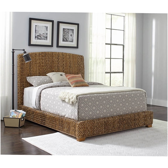 Solid Wood California King Bed Frame, Tropical Woven Headboard Bedroom Furniture in Rustic Amber Finish