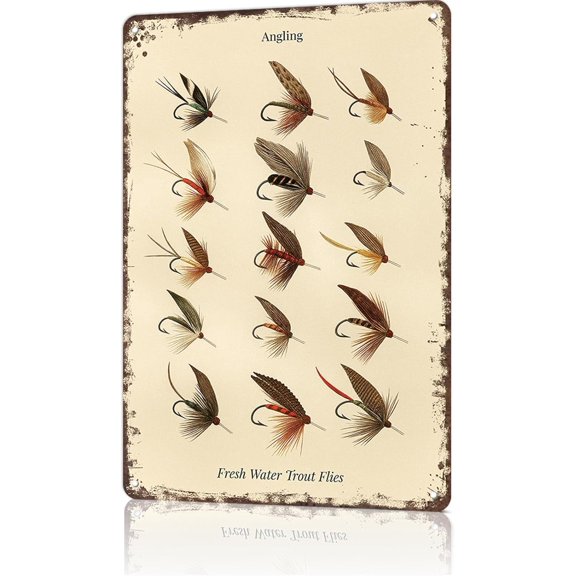 Rustic Trout Flies Fishing Metal Wall Art Tin Sign 8x12 Inch for Home or Office Decor