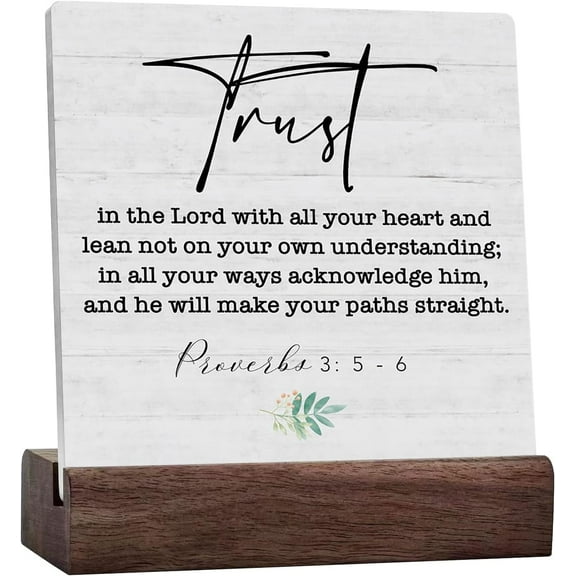 Rustic Trust In The Lord With All Your Heart Proverbs 3:5-6 Sign,Christian Religious Gifts Home Office Desk Decor For Men Women,Shelf Cubicle Decor Bible Verse Jesus Gifts Ceramic Table Sign Plaque
